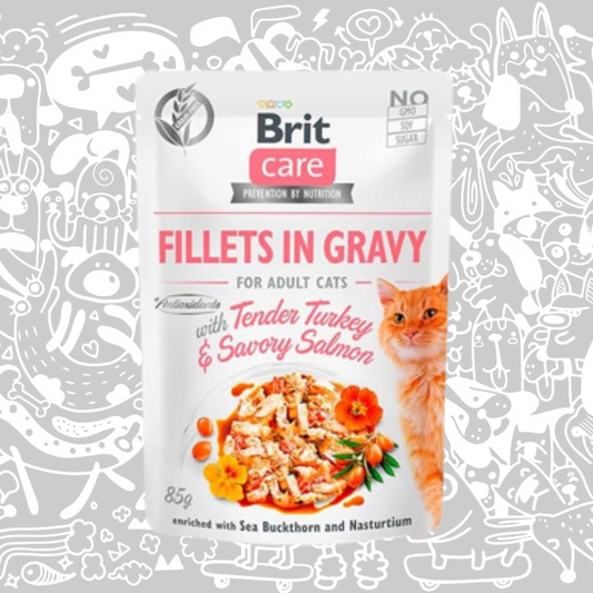 BRIT CARE CAT FILLETS IN GRAVY WITH TENDER TURKEY & SAVORY SALMON